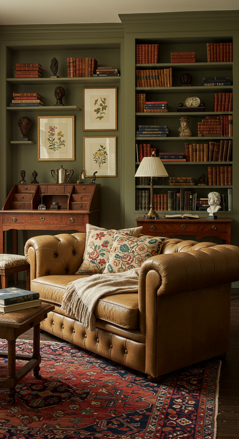 Woonkamer met donkergroene muren, leren Chesterfield bank en antiek bureau.
