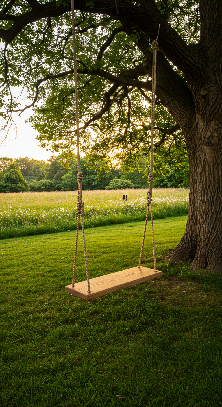 Eenvoudige houten plankjesschommel aan boom met uitzicht op veld.