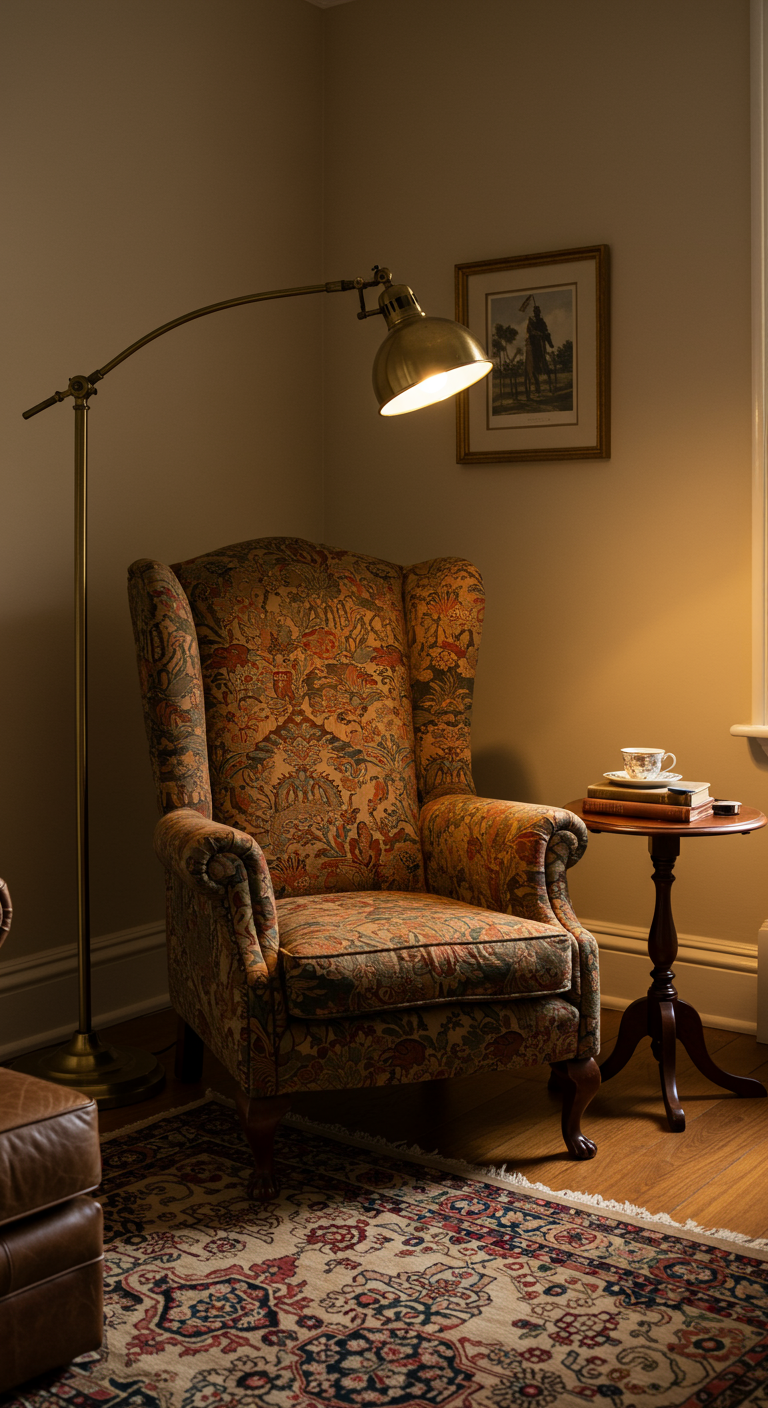 Klassieke oorfauteuil met bloemenpatroon, leeslamp en bijzettafel in een leeshoek.