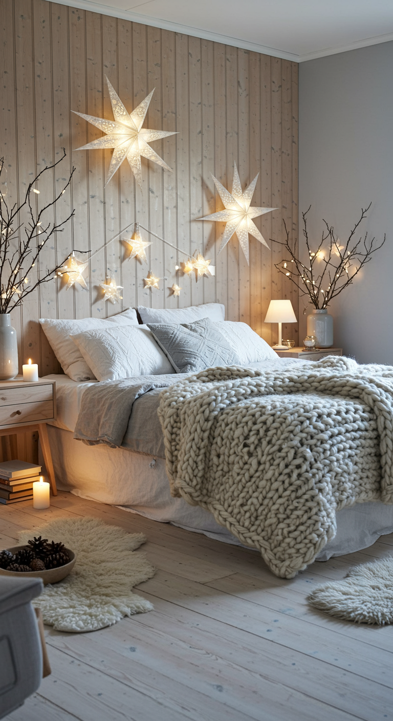 Scandinavische slaapkamer met licht hout, sterlampen en grof gebreid deken.