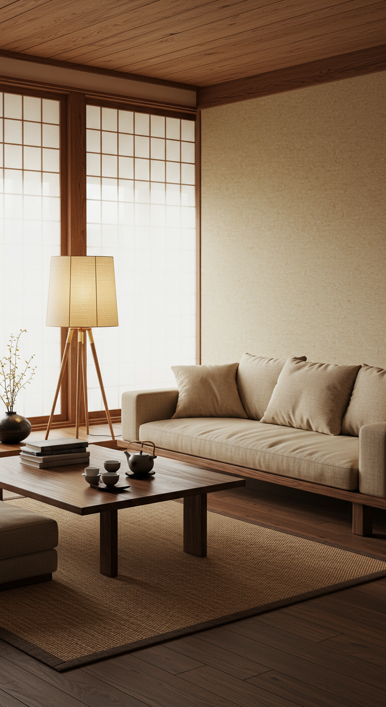 Japandi-stijl woonkamer met lage houten bank, papieren lamp en tatami-kleed.