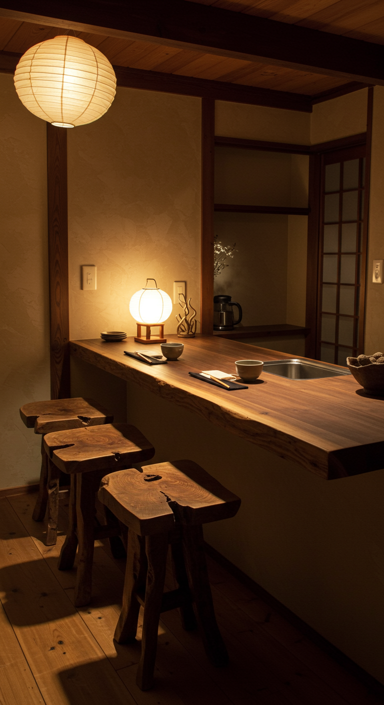 Donkere, sfeervolle Japanse stijl bar met massief houten krukken en zachte verlichting.