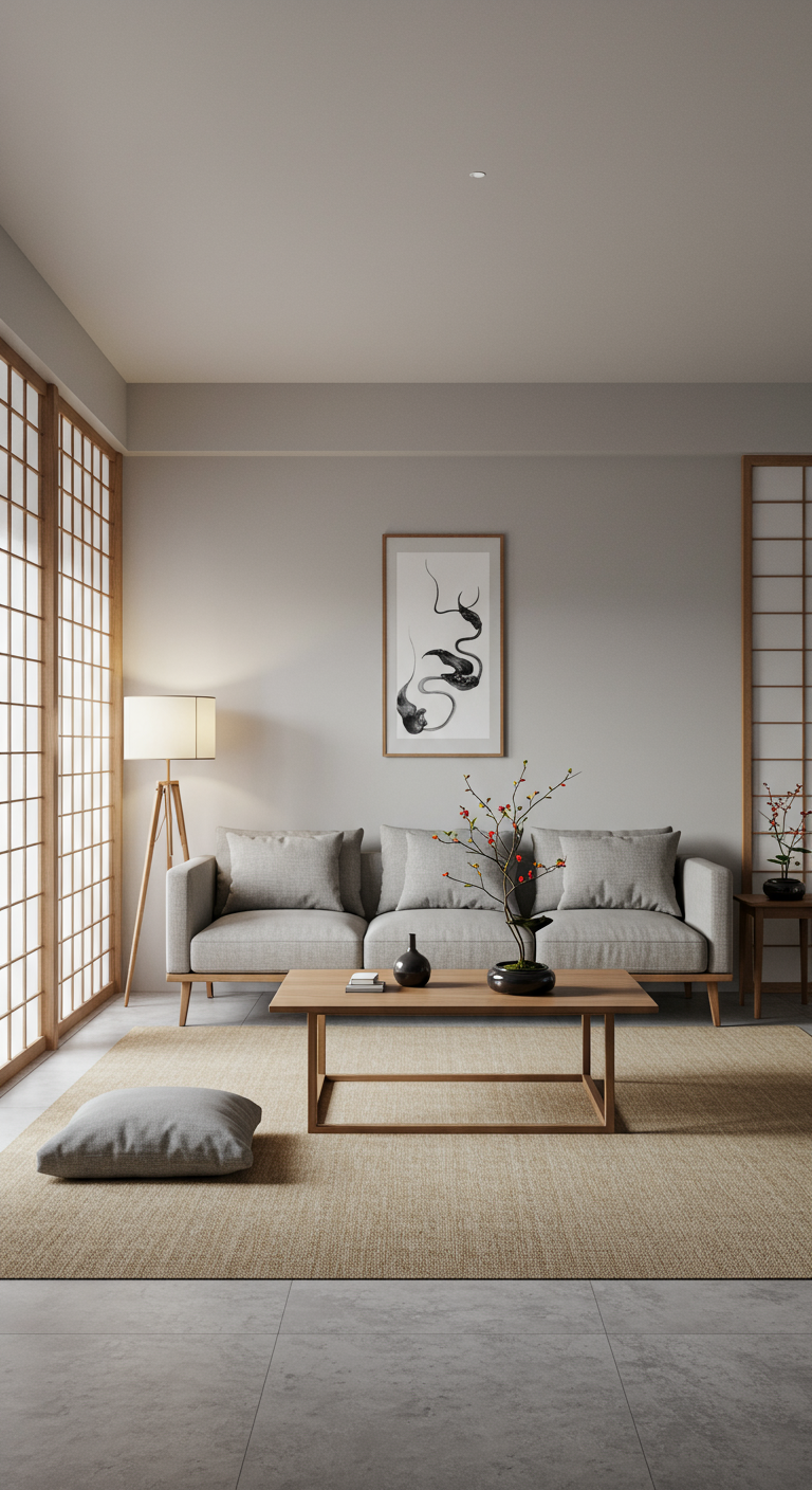 Woonkamer in Japanse stijl met grijze bank en shoji-schermen.
