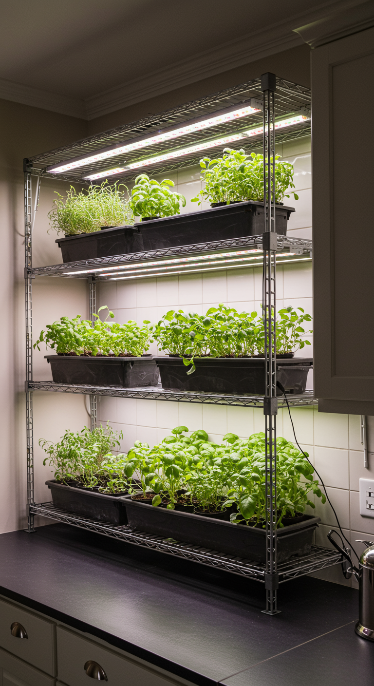 Metalen stellingkast op het aanrecht met kweekbakken vol kruiden, verlicht door LED-groeilampen.