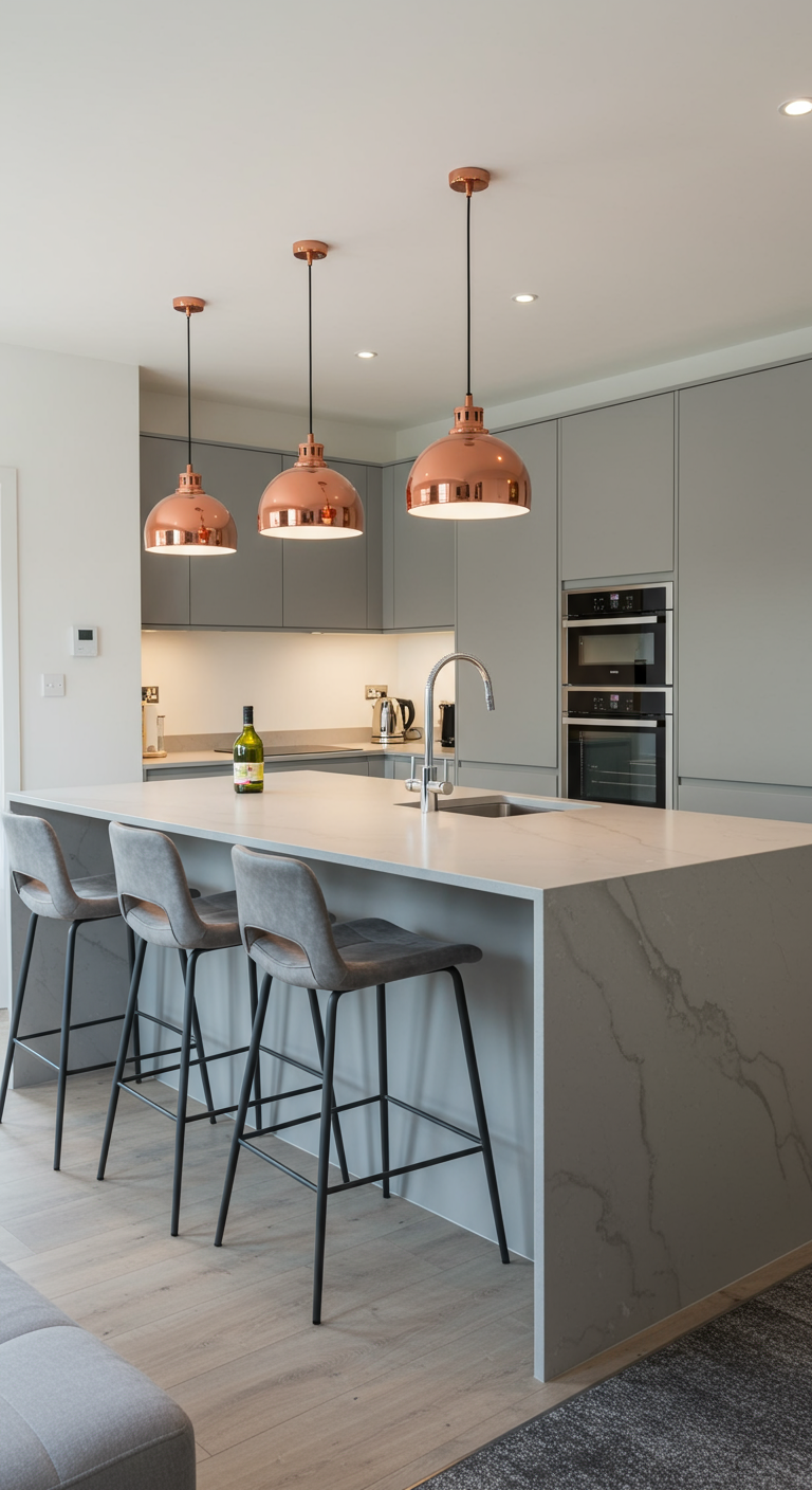 Moderne grijze keuken met een kookeiland en drie koperkleurige hanglampen erboven.