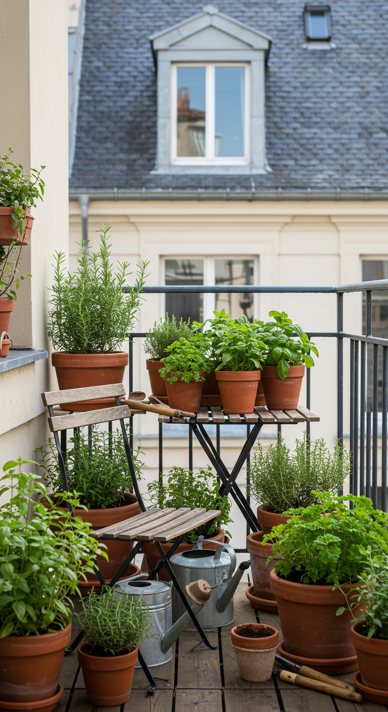 Bistroset op balkon met diverse kruiden in terracotta potten op tafel.