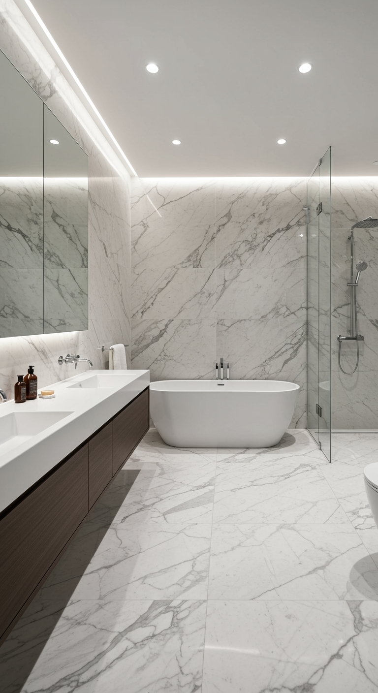 Moderne, lichte badkamer volledig bekleed met wit marmer met grijze aders en een zwevend meubel.