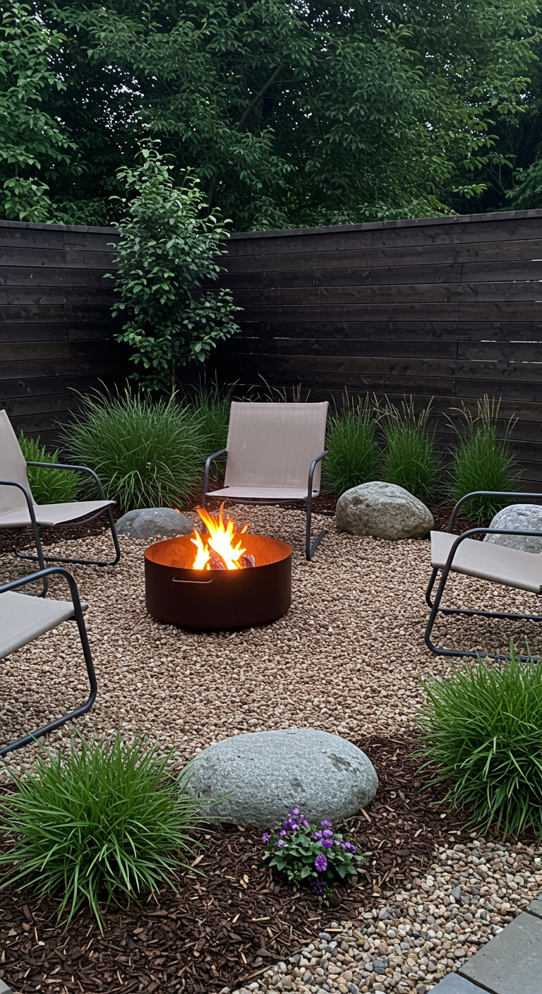 Moderne vuurschaal op grind met lage stoelen, keien en siergras.