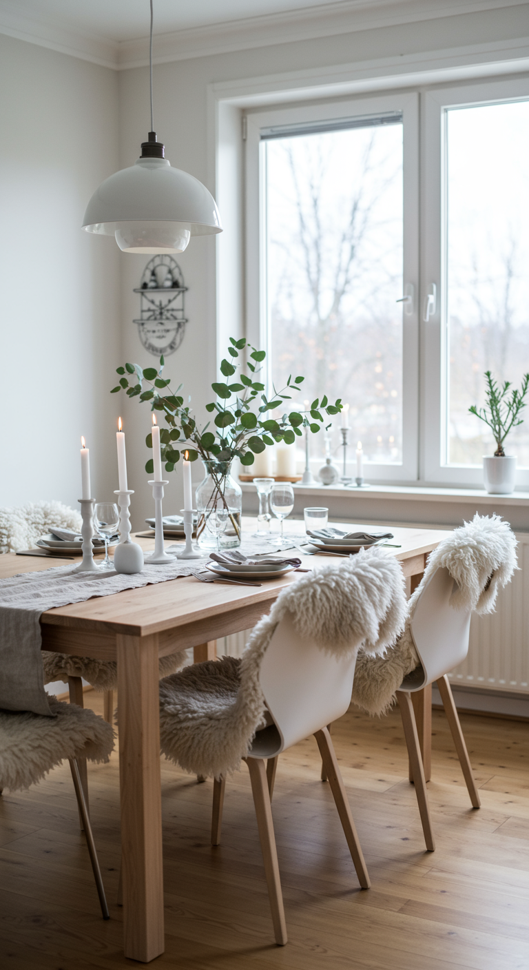 Scandinavische wintertafel met wit, hout, eucalyptus en schapenvachtjes.