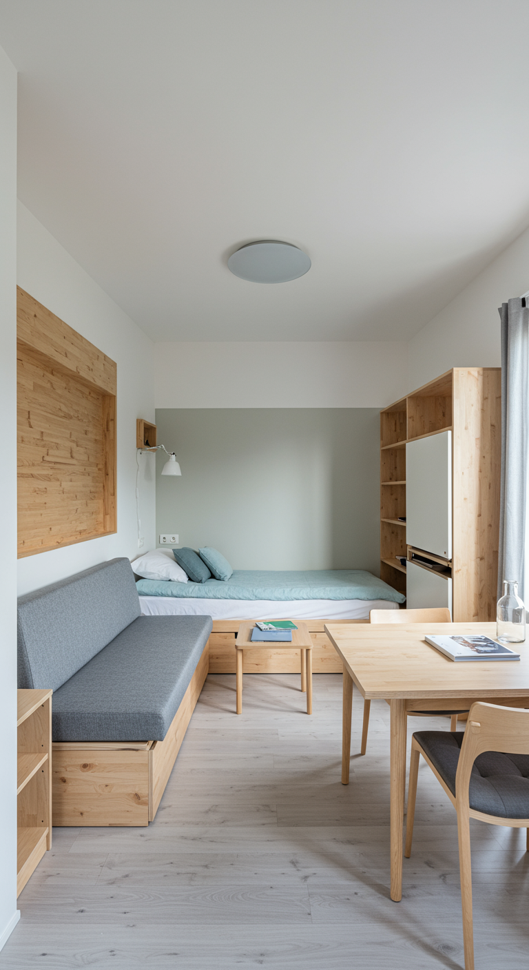 Studio appartement met slimme lichte multiplex meubels, inclusief bedombouw met bank.