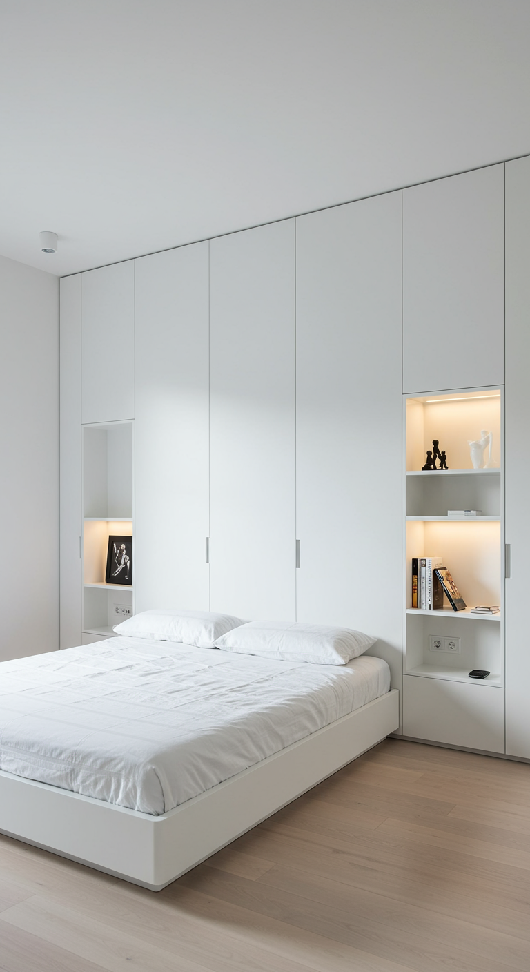Witte slaapkamer met strakke witte inbouwkasten en verlichte nisjes.