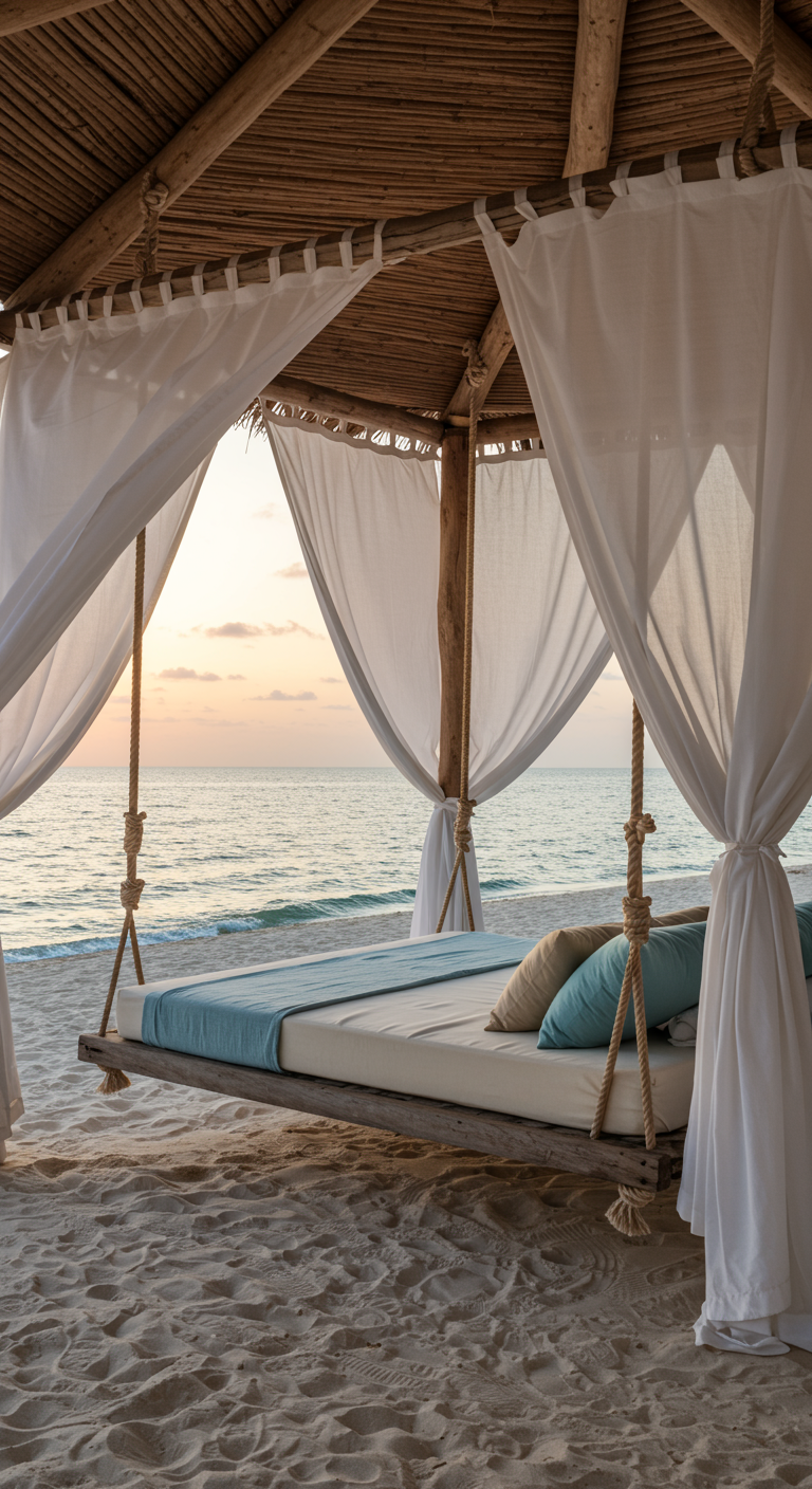 Houten schommelbed met lichtblauw-beige kussens en witte gordijnen op een zandstrand bij zonsondergang.