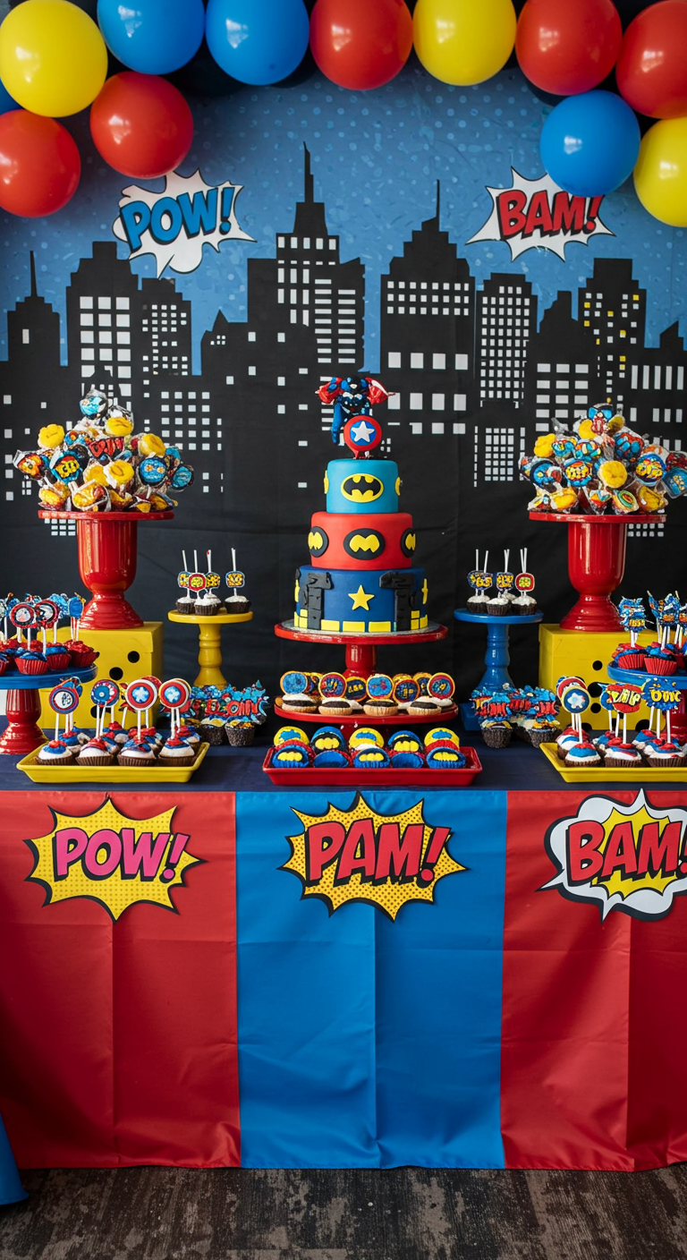 Superhelden thema sweet table met skyline backdrop, kleurrijke ballonnen en thematische lekkernijen.