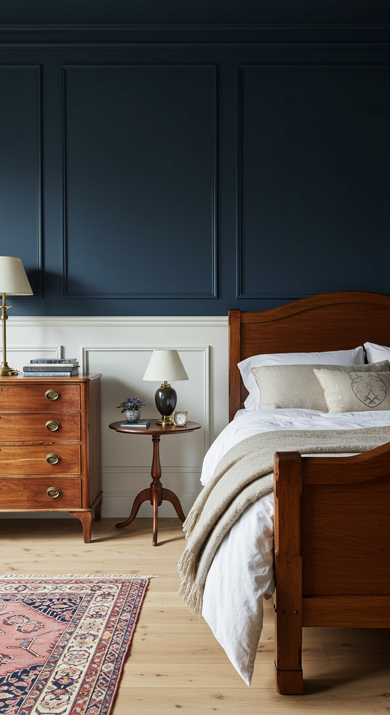 Klassieke slaapkamer met donkerblauwe muren, witte lambrisering en antieke meubels.