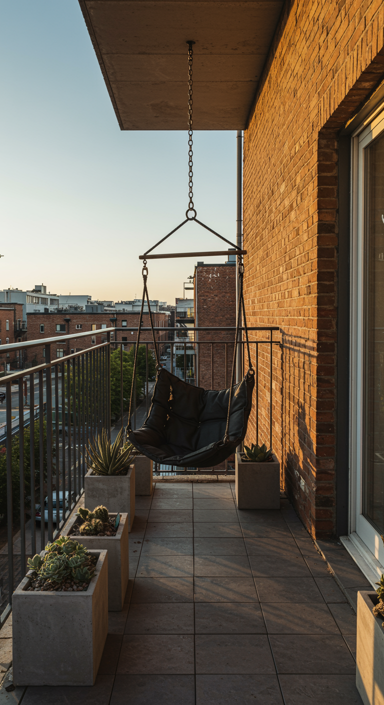 Zwarte stoffen hangstoel aan ketting op een balkon met bakstenen muur en betonnen plantenbakken.