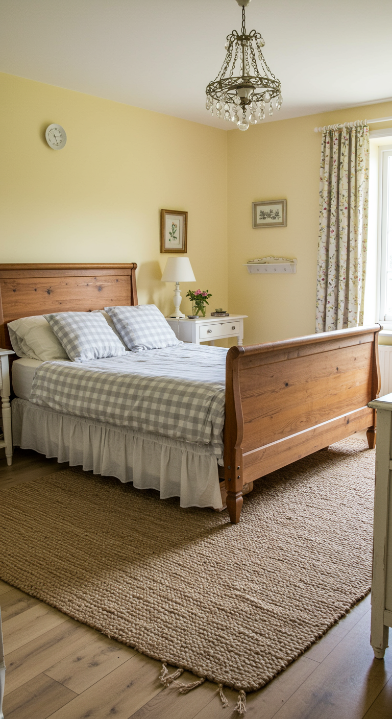Landelijke slaapkamer met zachtgele muur, houten bed en grijs-wit geruit beddengoed.
