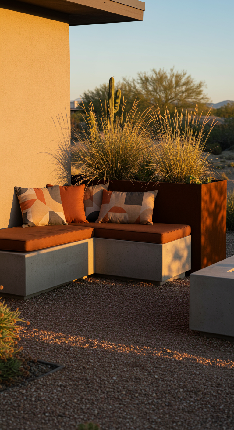 Moderne patio met betonnen hoekbank, oranje kussens en cortenstalen plantenbak met grassen.