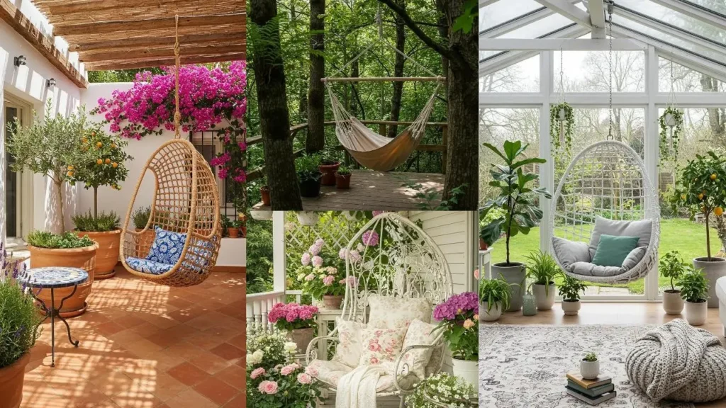 Sfeervolle hangstoelen omringd door planten in verschillende settings: tuin, bos, veranda.