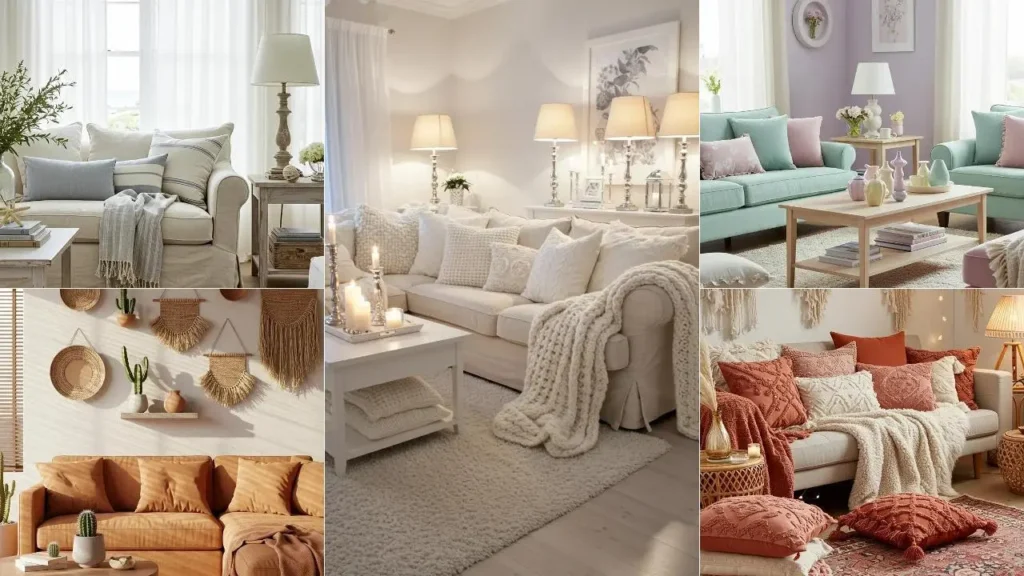 Zachte interieurs: diverse woonkamers met knusse kussens, dekens en sfeervolle verlichting.