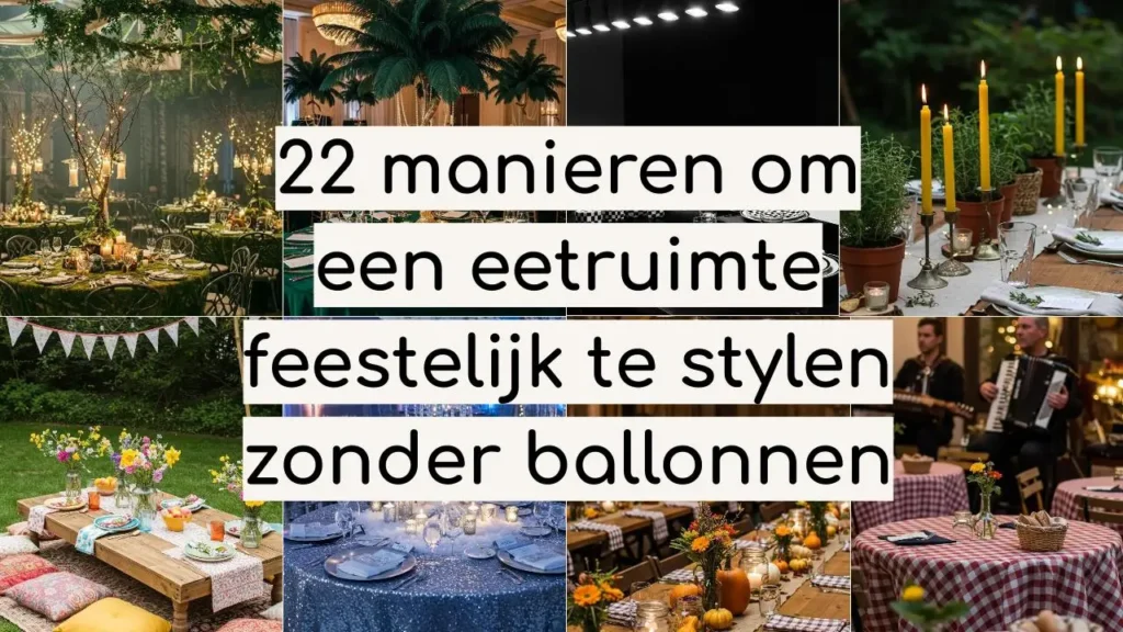 Feestelijk gedekte tafels voor een etentje, gestyled met bloemen, kaarsen en andere decoratie, zonder ballonnen.