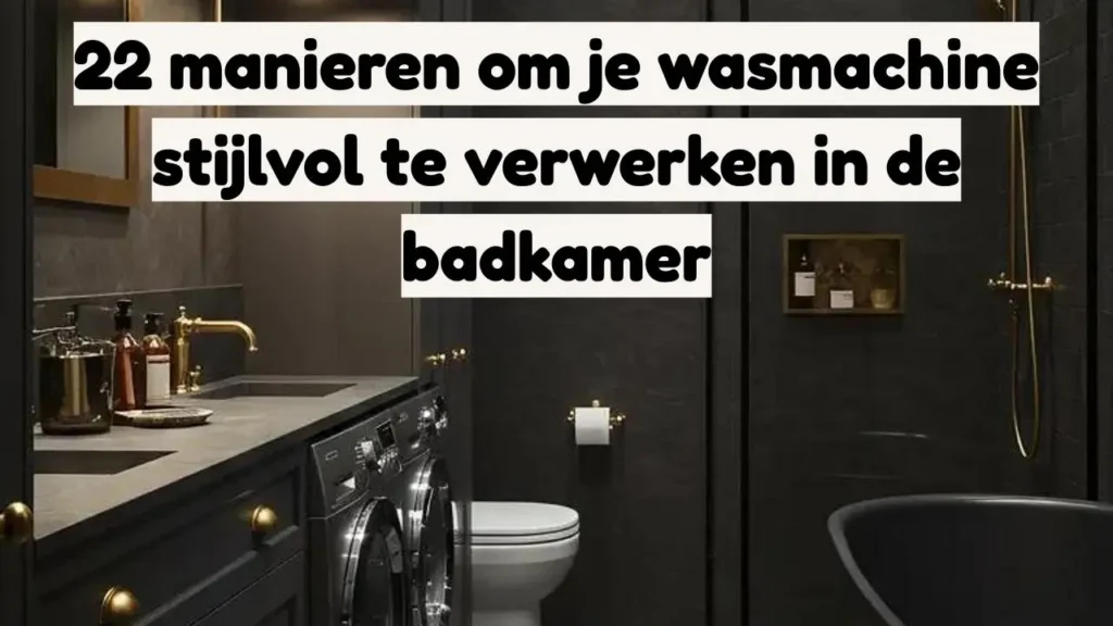 Stijlvolle badkamer met wasmachine subtiel geïntegreerd. Modern ontwerp met grijze tinten en gouden accenten.