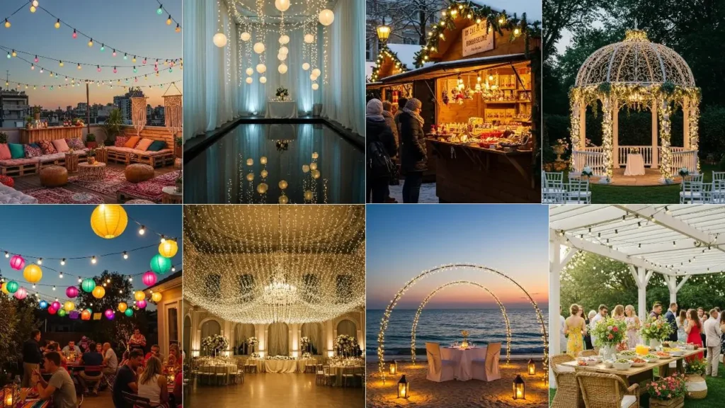 Collage van feestelijk verlichte ruimtes, zoals een stranddiner en een gezellig terras met lichtslingers.