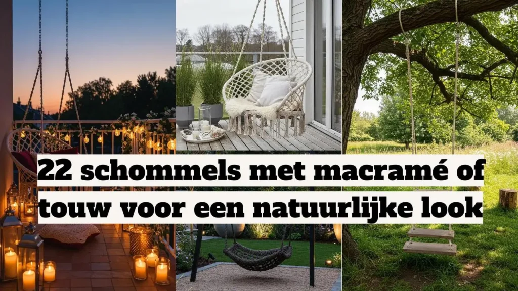 Collage van schommels: macramé stoel, touwschommel aan boom, hangmat schommel, balkon met touwschommel.