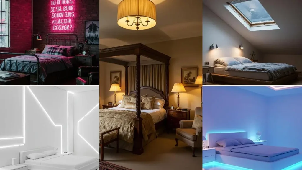 Slaapkamers met diverse sfeerverlichting, van neon tot spotjes en daglicht.