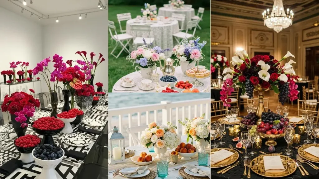 Diverse tafelsettings met bloemen en fruit: elegante decoratie.