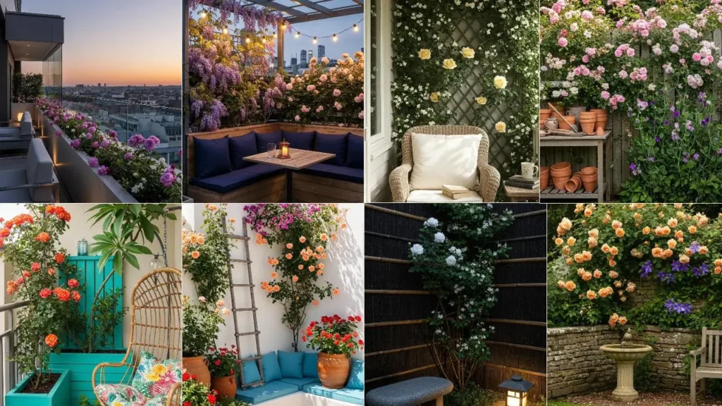 Tuinhoeken met geurende klimrozen en andere bloeiende klimmers, perfect voor kleine ruimtes en balkons.