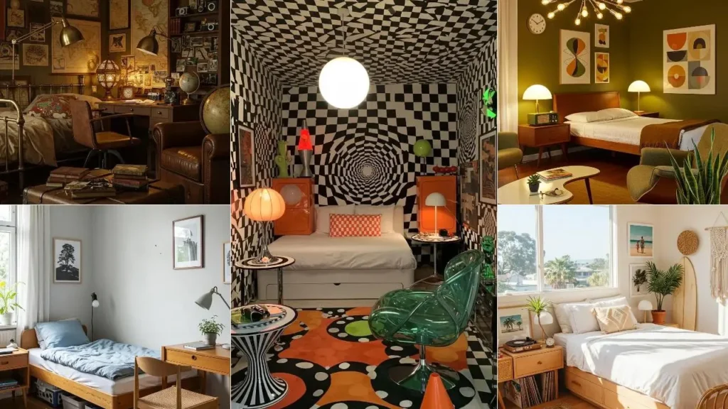 Een collage van vintage-geïnspireerde slaapkamers met diverse retro meubels en warme, sfeervolle lampen.