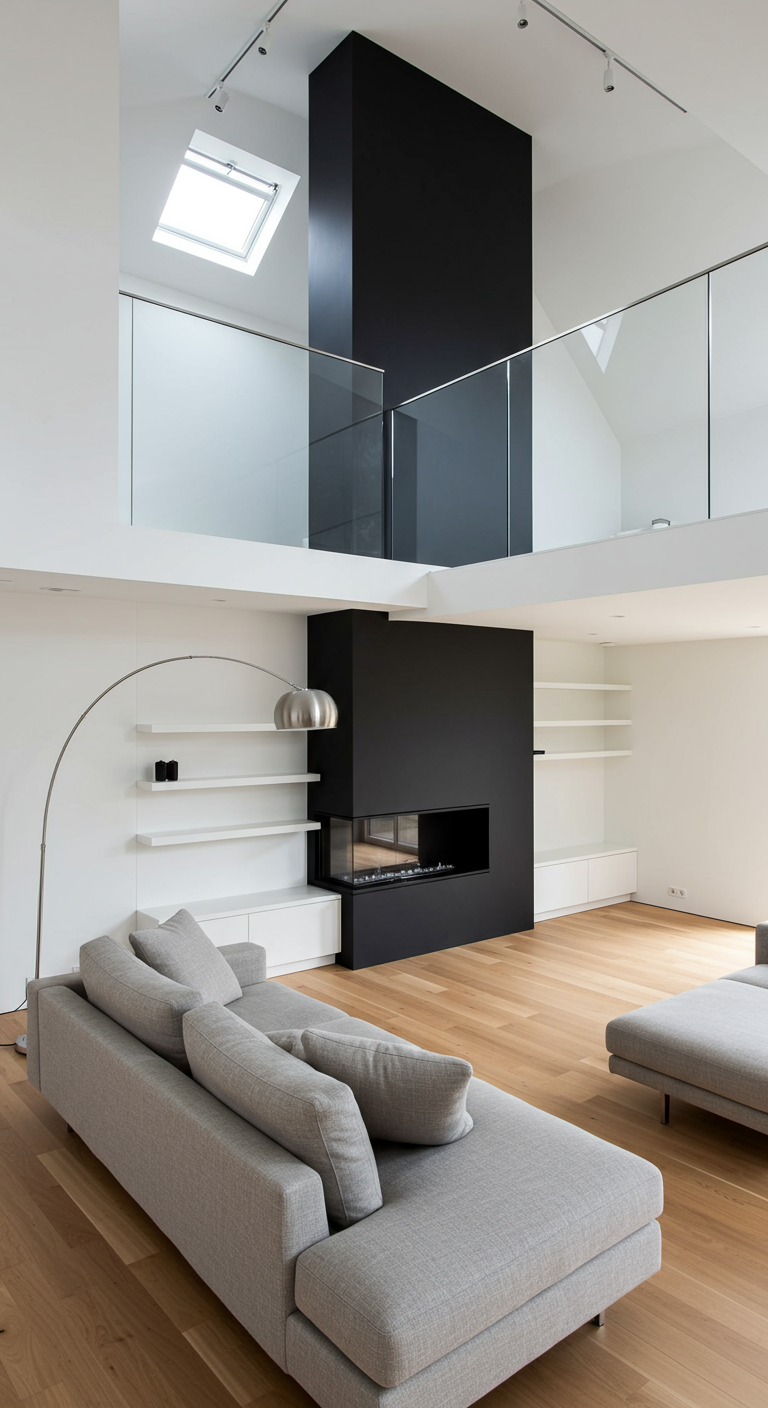 Moderne woonkamer met witte muren en een centrale zwarte haardpartij.