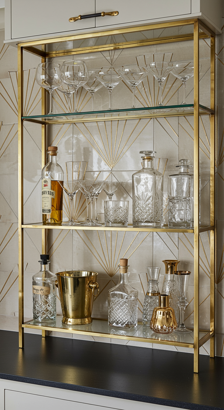 Gouden metalen stellingkast met glazen planken, gevuld met luxe glaswerk, karaffen en flessen.