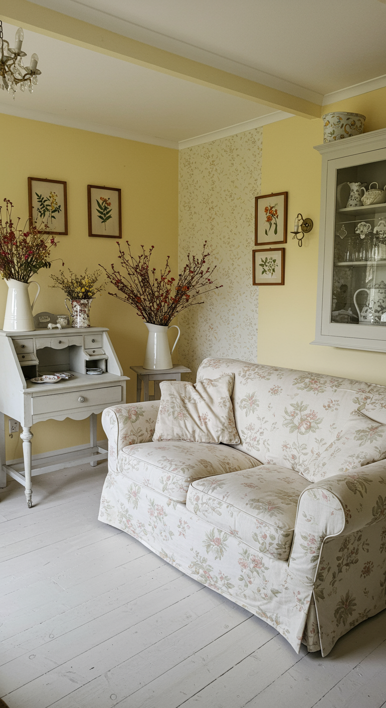 Brocante woonkamer met gele muren, witte vloer, bloemenbank en wit bureau.
