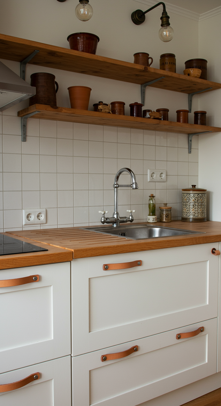 Witte landelijke keuken met houten planken en leren handgrepen aan de kastjes.