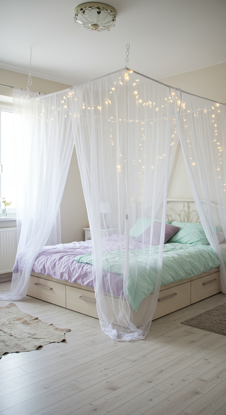 Romantisch hemelbed gemaakt van witte vitrage en lichtjes, met pastelkleurig beddengoed.