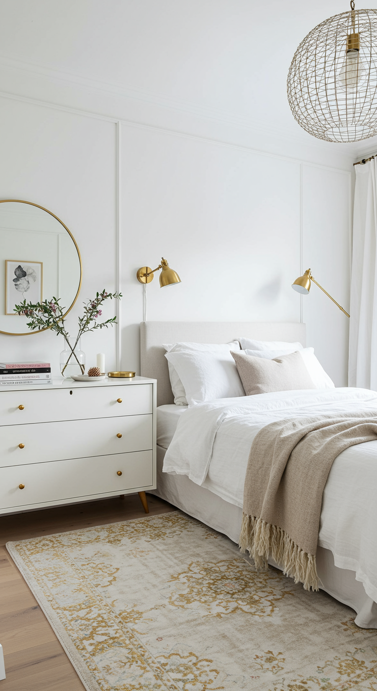 Witte slaapkamer met gouden wandlampen, ronde spiegel en vintage dressoir.