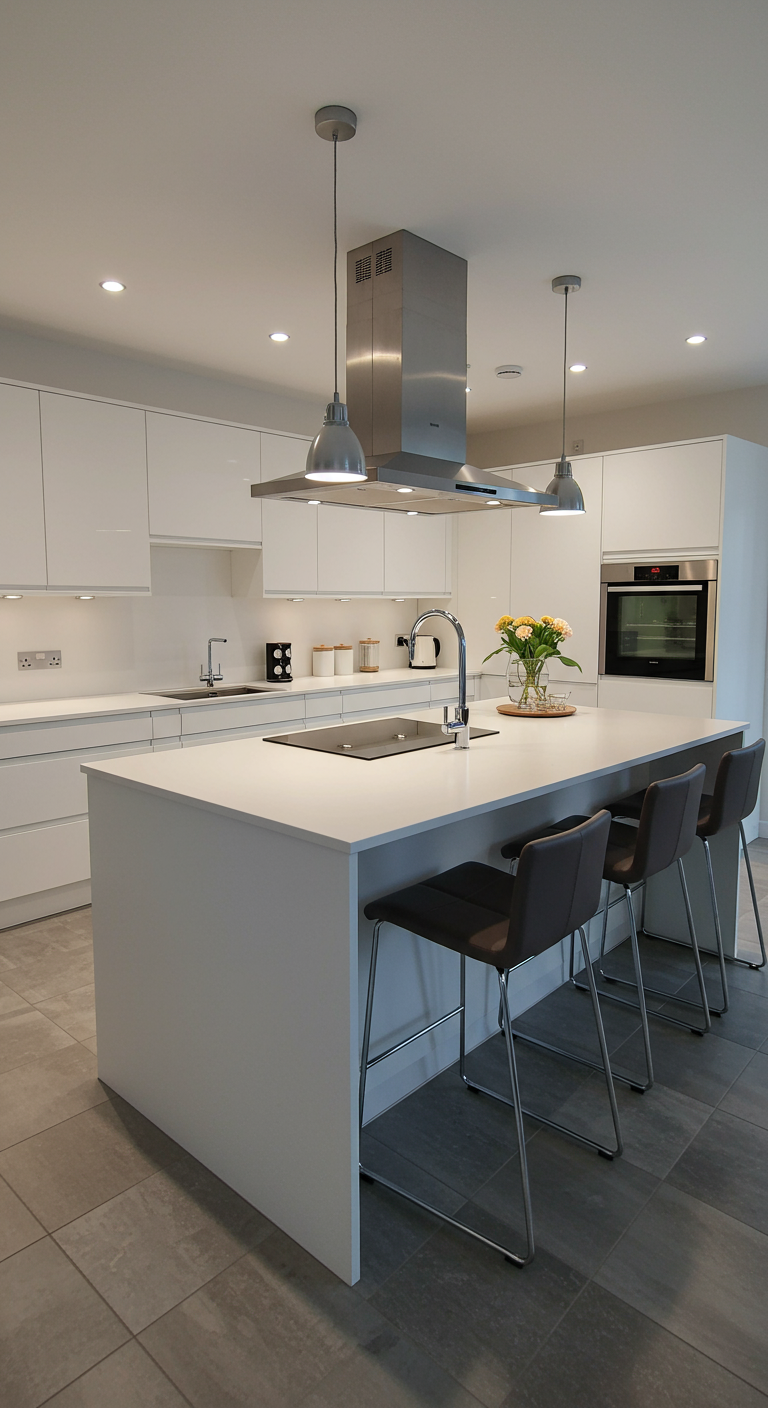 Strakke witte hoogglans keuken met een groot kookeiland en een RVS afzuigkap.