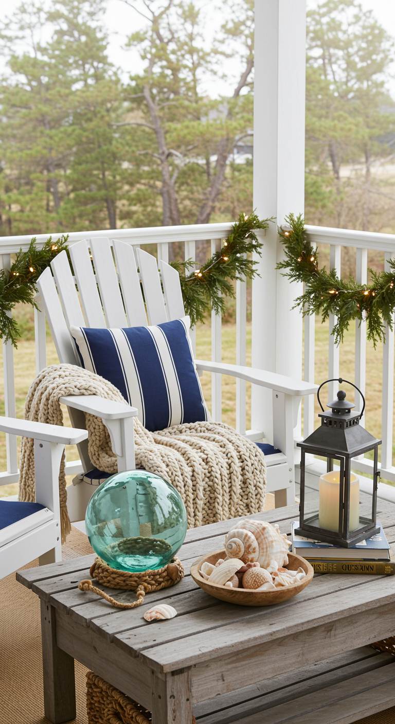 Witte veranda met Adirondack stoelen, blauw-witte kussens, plaid en maritieme decoratie.