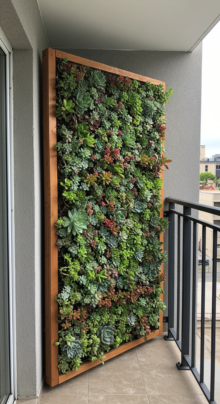 Verticaal houten frame gevuld met een dichte verzameling kleurrijke vetplanten (succulenten).