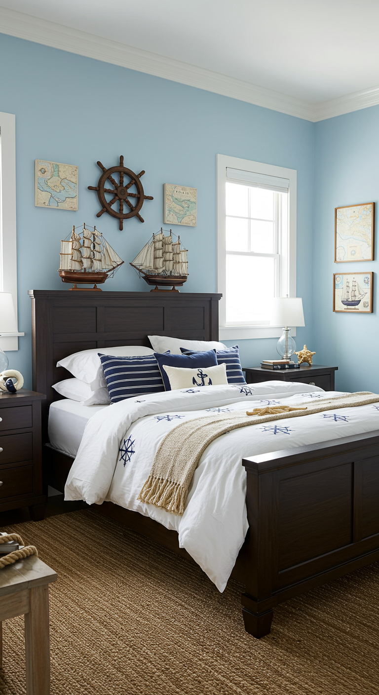 Slaapkamer met lichtblauwe muur, donkerhouten bed en nautisch thema beddengoed en decoratie.