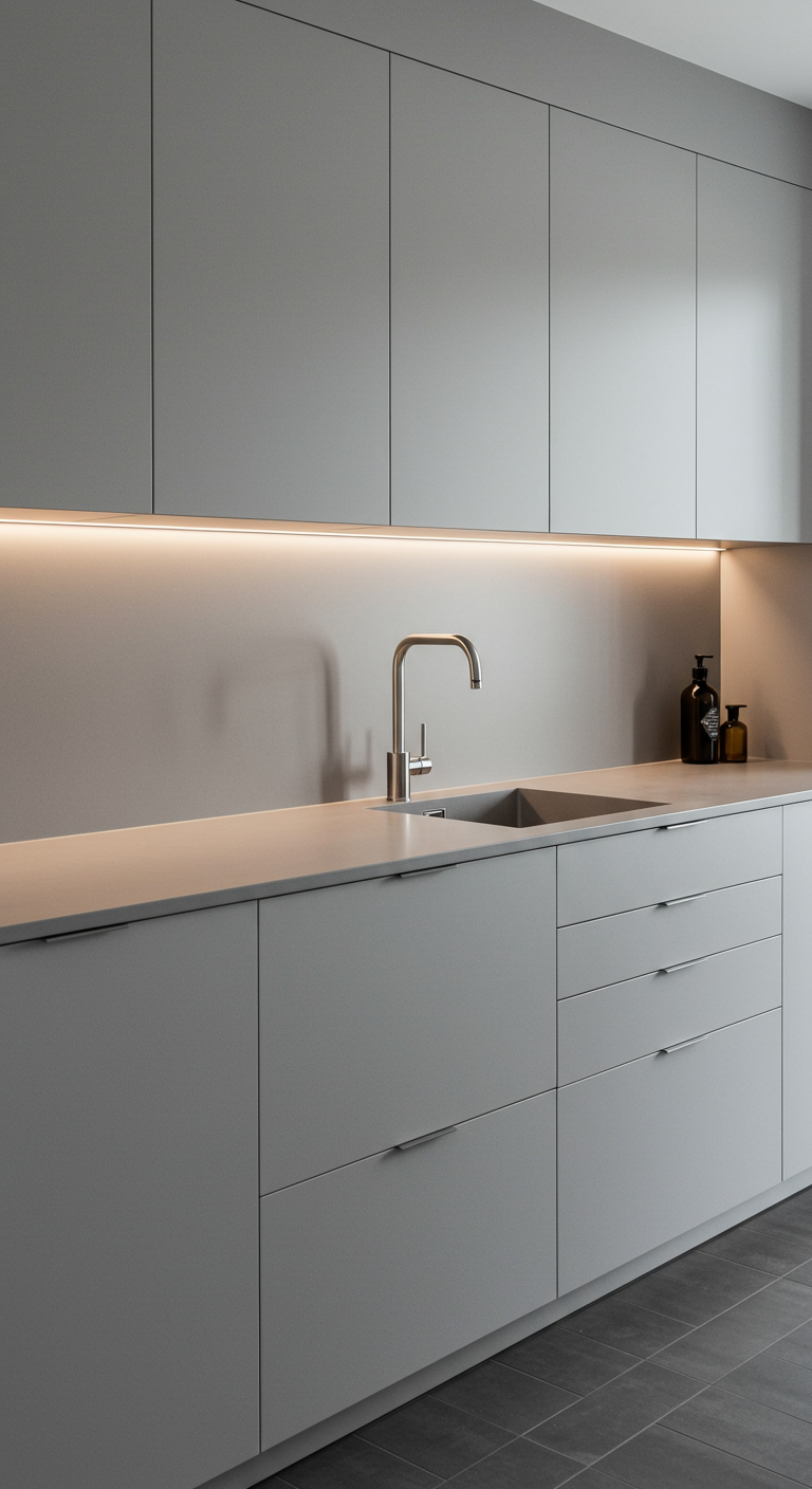 Strakke grijze keuken waarbij het werkbladmateriaal doorloopt als achterwand.