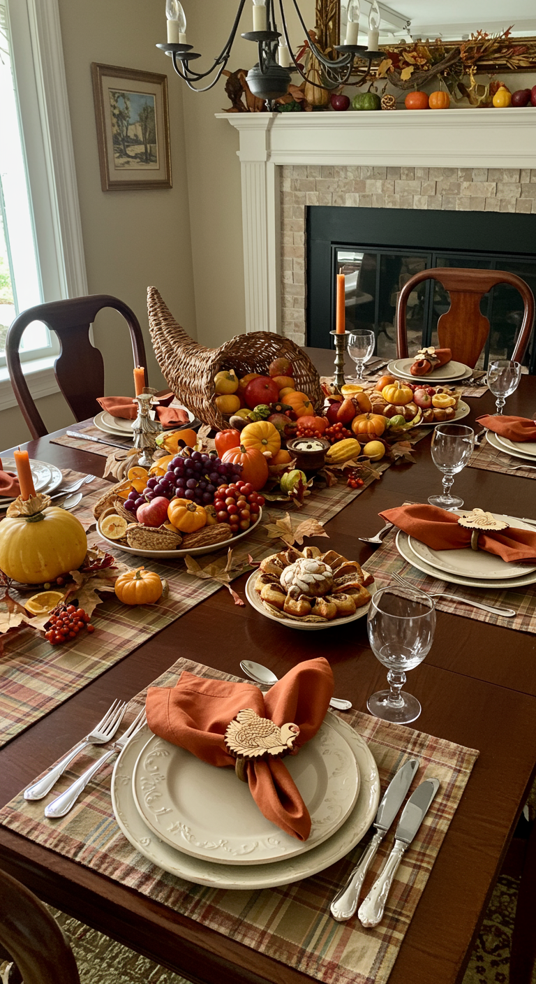 Thanksgivingtafel met hoorn des overvloeds en oranje servetten.