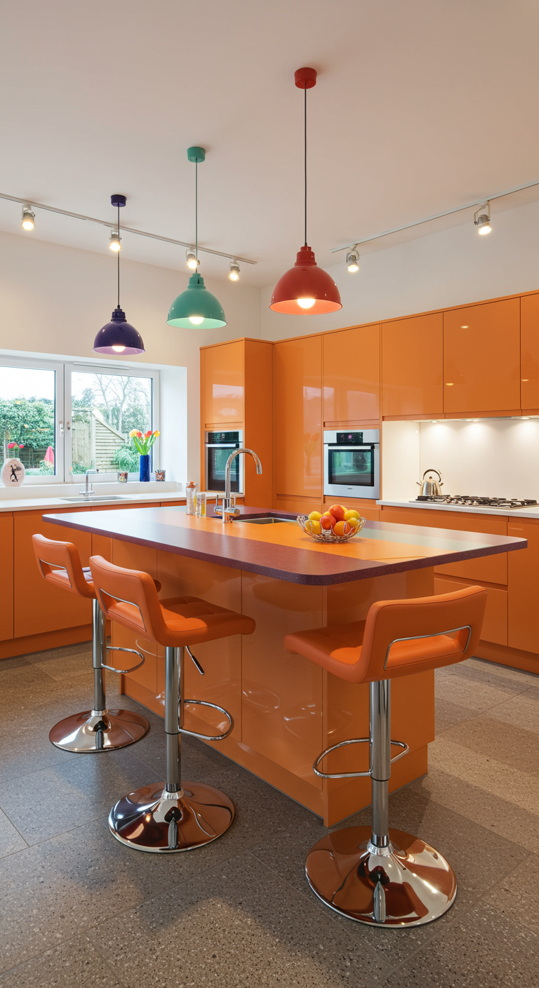 Moderne keuken met hoogglans oranje kasten en eiland, met bijpassende oranje barkrukken.
