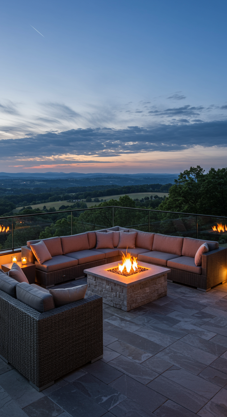 Luxe terras met vuurtafel, loungebank en panoramisch uitzicht over heuvels.