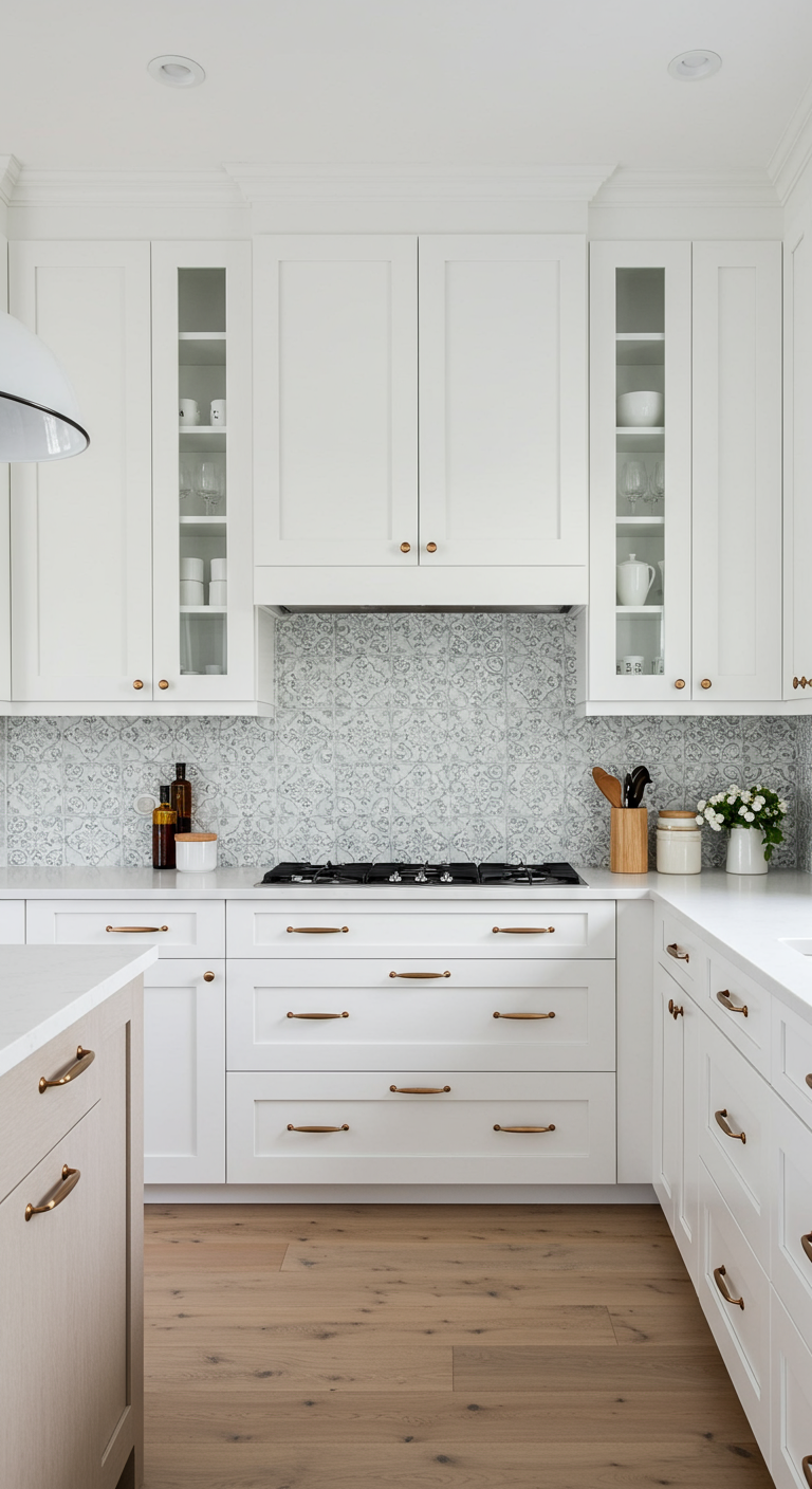 Witte keuken met subtiel gedessineerde achterwandtegels en glazen bovenkastjes.