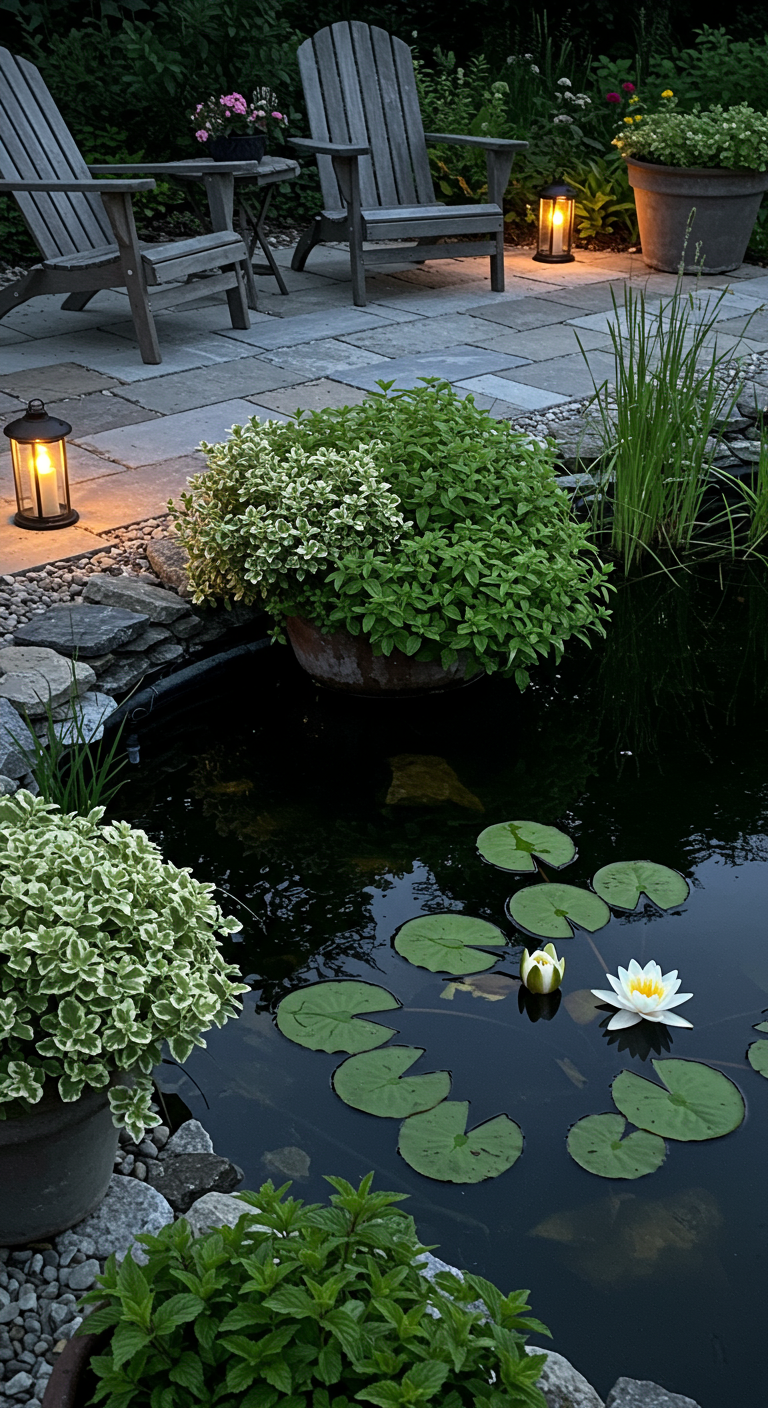 Vijver 's avonds met waterlelies en muntplanten, sfeervol verlicht door lantaarns aan de waterkant.