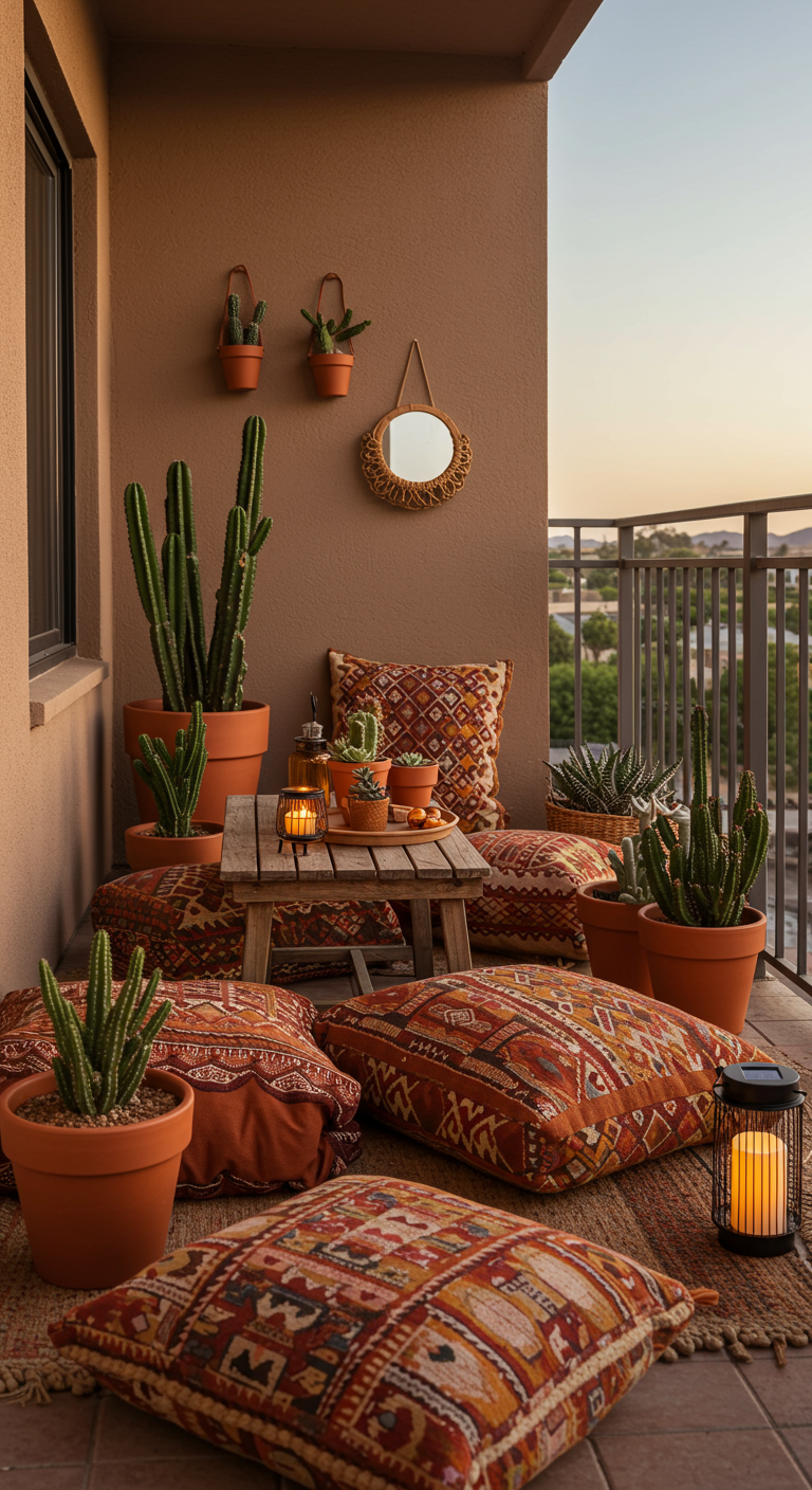 Balkon in woestijn-boho stijl met terracotta potten, cactussen en warme kussens.