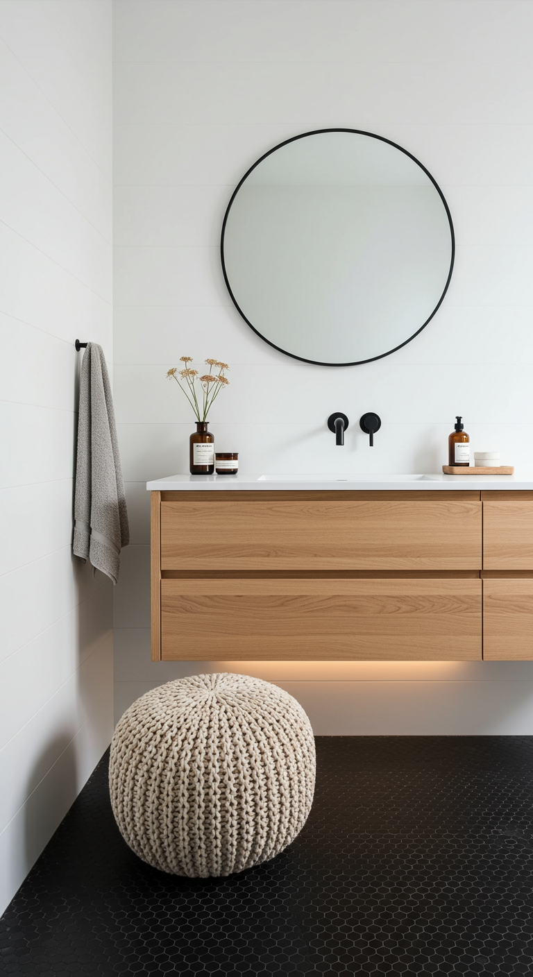 Moderne badkamer met zwarte hexagonvloer, houten meubel, ronde spiegel en gebreide poef.