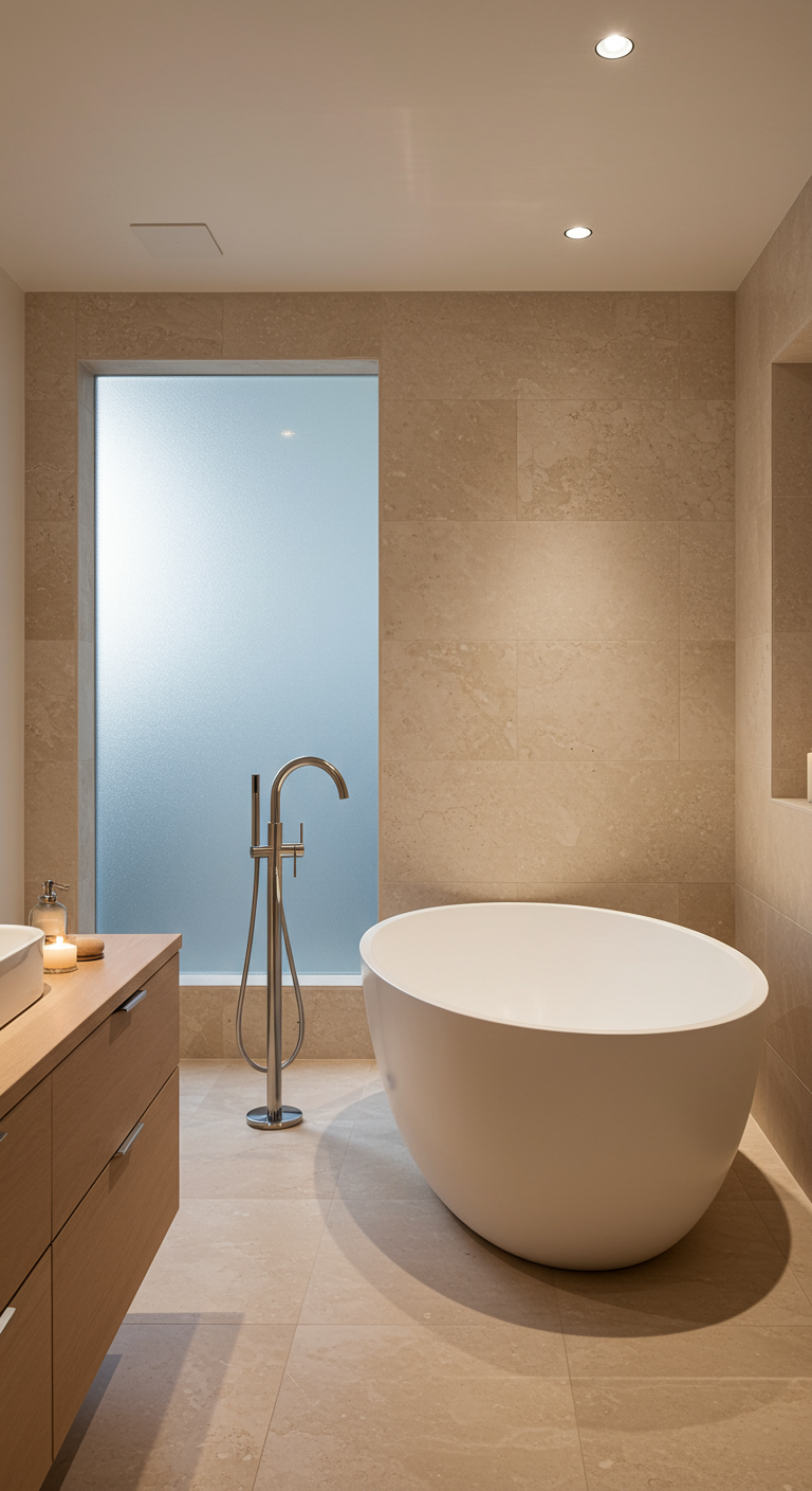 Chromen vrijstaande badkraan naast een wit ovaal bad in een minimalistische, beige badkamer.